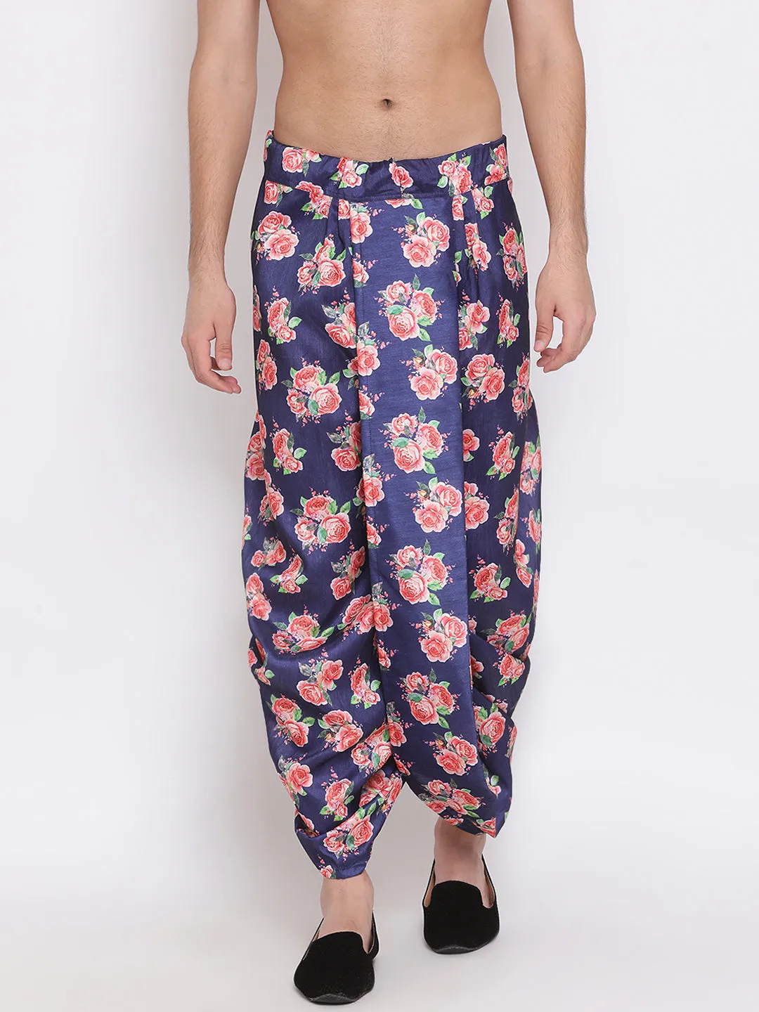 Men's Blue Silk Blend Floral Printed Dhoti - Vastramay