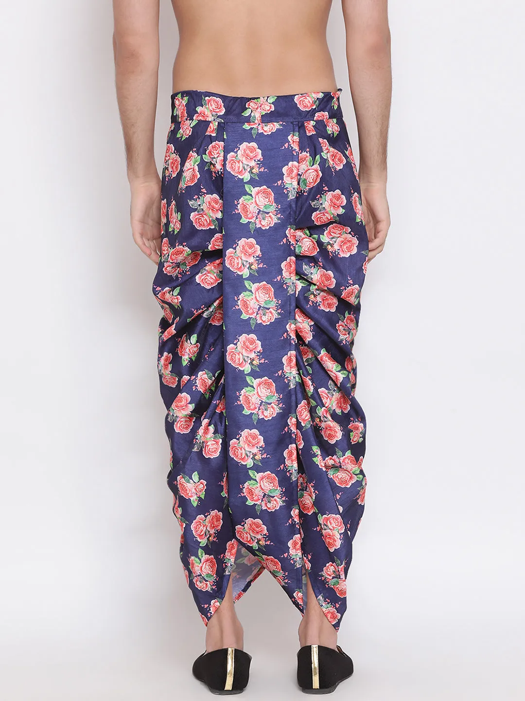 Men's Blue Silk Blend Floral Printed Dhoti - Vastramay