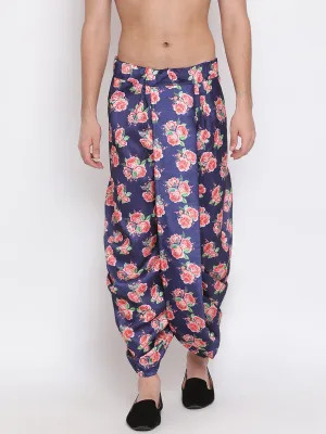 Men's Blue Silk Blend Floral Printed Dhoti - Vastramay