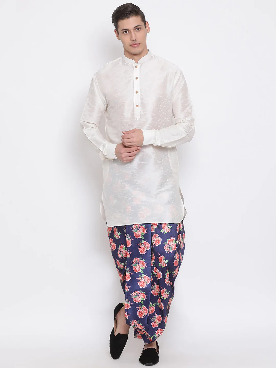 Men's Blue Silk Blend Floral Printed Dhoti - Vastramay
