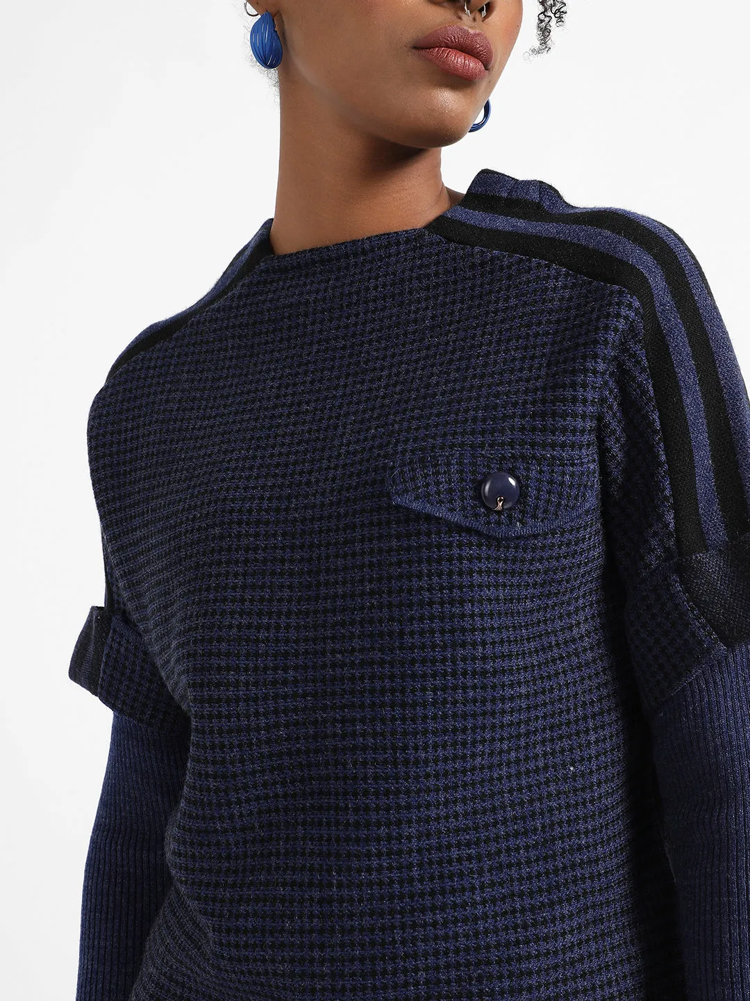 Micro Checkered Sweater With Striped Sleeve