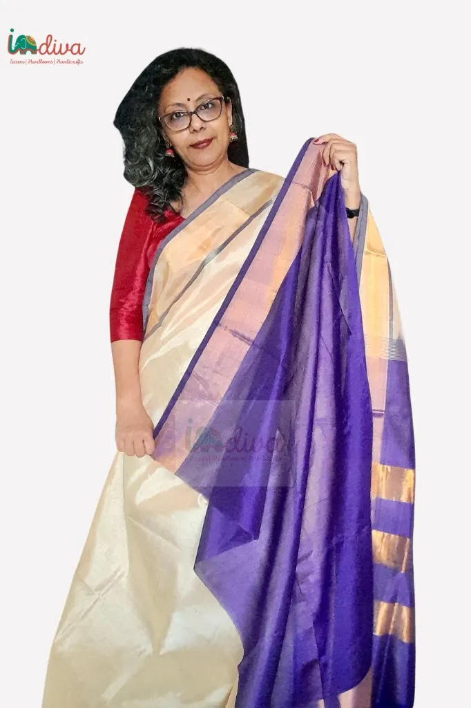 Paturu Handloom Off White and Purple Sico Saree