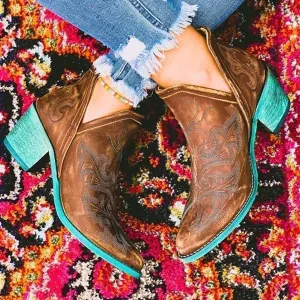 Pointed Thick Heel Over-embroidered Large Size Women's Short Boots