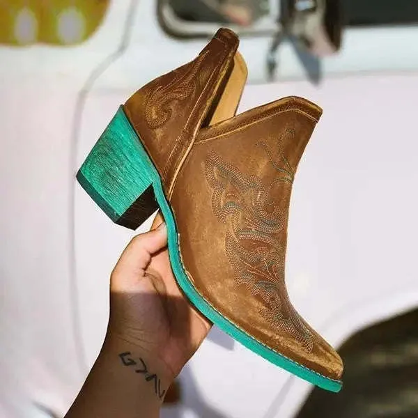 Pointed Thick Heel Over-embroidered Large Size Women's Short Boots
