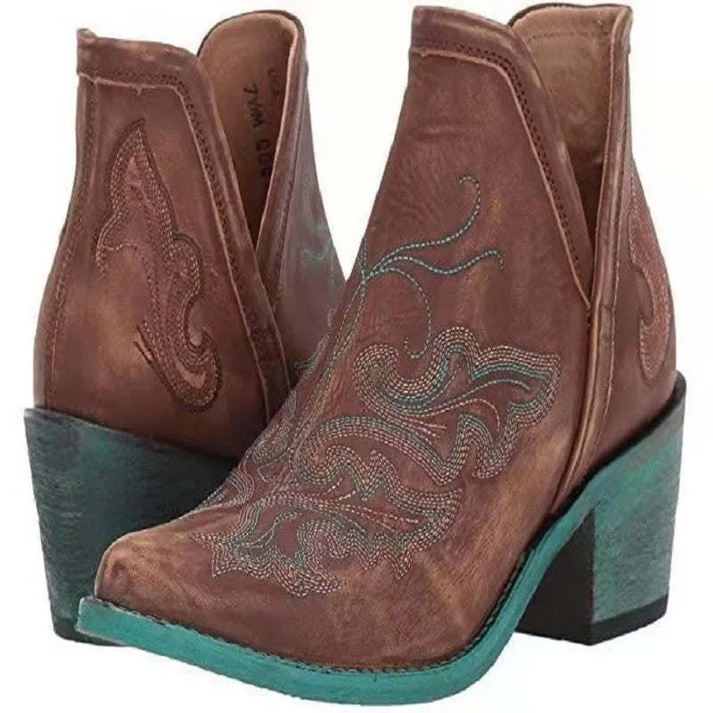 Pointed Thick Heel Over-embroidered Large Size Women's Short Boots