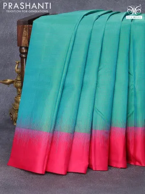 Pure kanjivaram silk saree dual shade of teal bluish green and pink with allover thread woven checked pattern and simple border & Checks