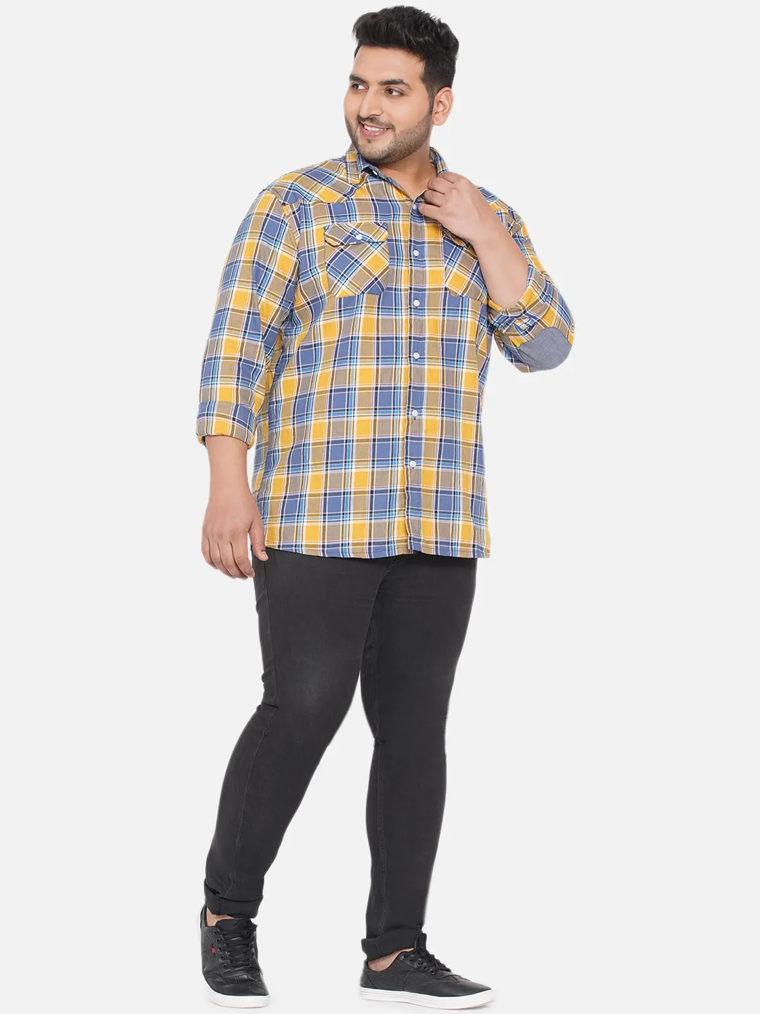 Santonio - Plus Size Men Yellow and Blue Checkered Relaxed Fit Full Sleeves Casual Shirt