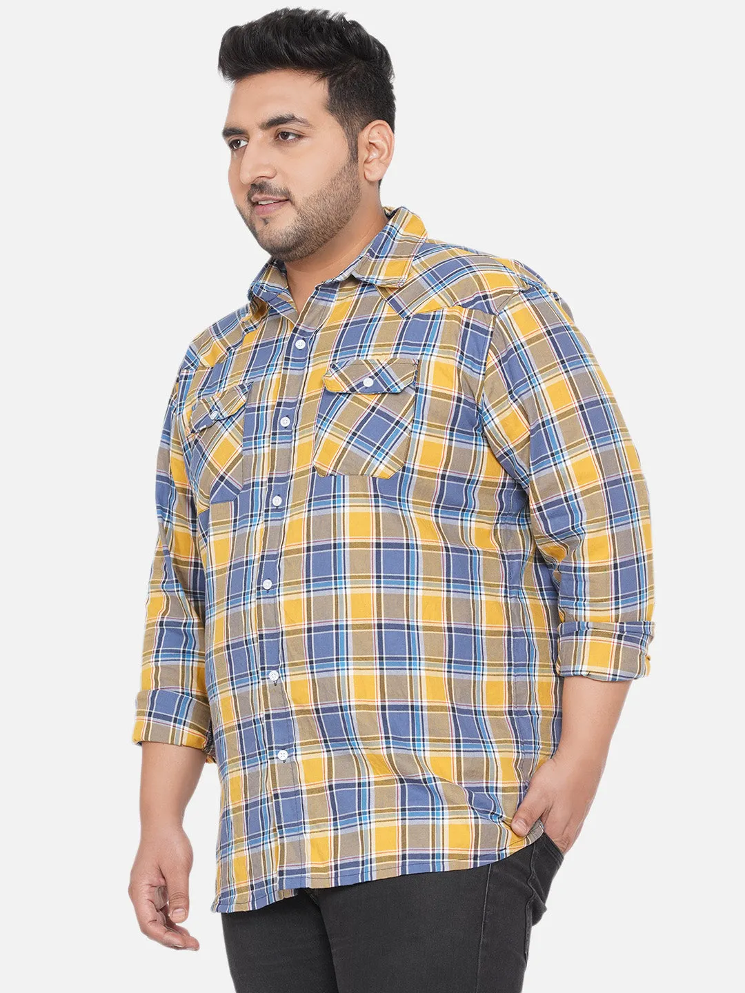 Santonio - Plus Size Men Yellow and Blue Checkered Relaxed Fit Full Sleeves Casual Shirt