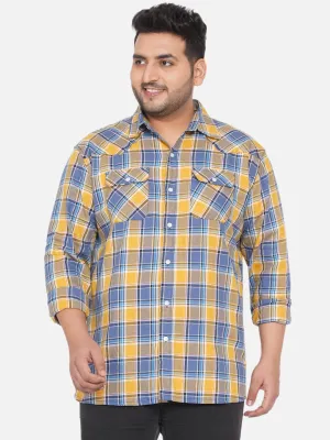 Santonio - Plus Size Men Yellow and Blue Checkered Relaxed Fit Full Sleeves Casual Shirt