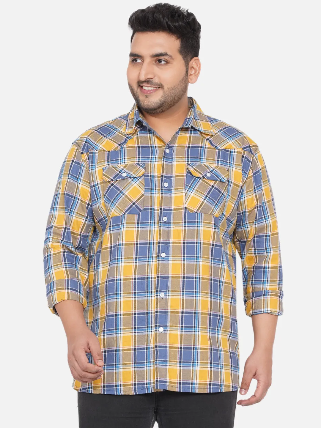 Santonio - Plus Size Men Yellow and Blue Checkered Relaxed Fit Full Sleeves Casual Shirt