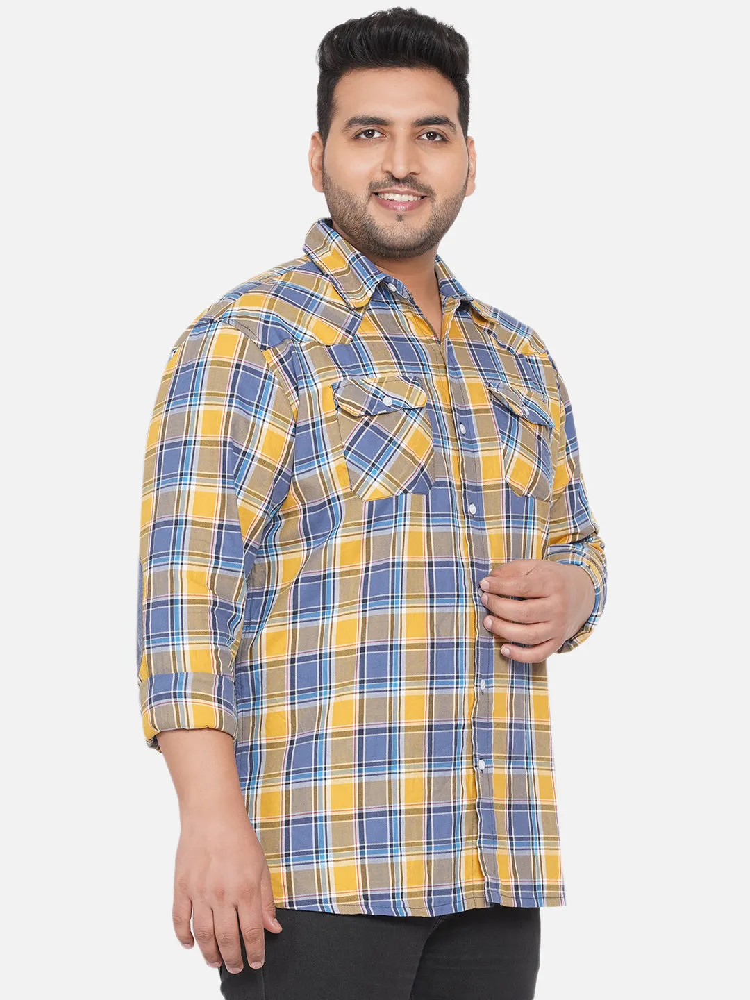 Santonio - Plus Size Men Yellow and Blue Checkered Relaxed Fit Full Sleeves Casual Shirt