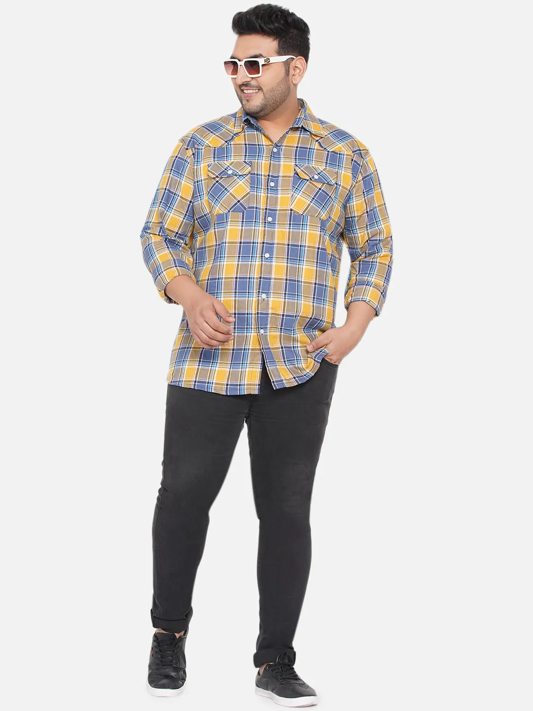 Santonio - Plus Size Men Yellow and Blue Checkered Relaxed Fit Full Sleeves Casual Shirt