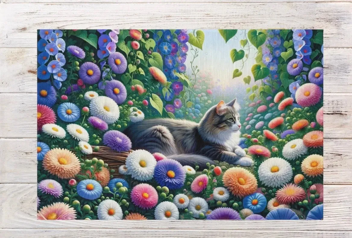 September Birth Flower - Aster and Morning Glory - Cat Lover - Indoor/Outdoor Rug