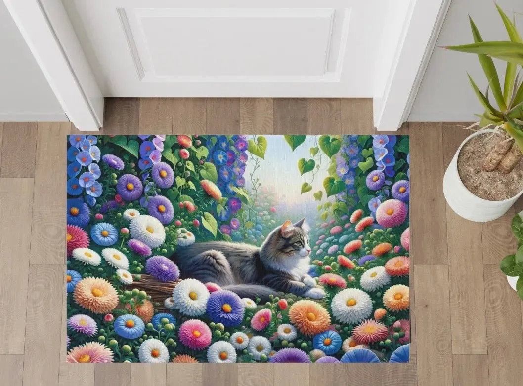 September Birth Flower - Aster and Morning Glory - Cat Lover - Indoor/Outdoor Rug