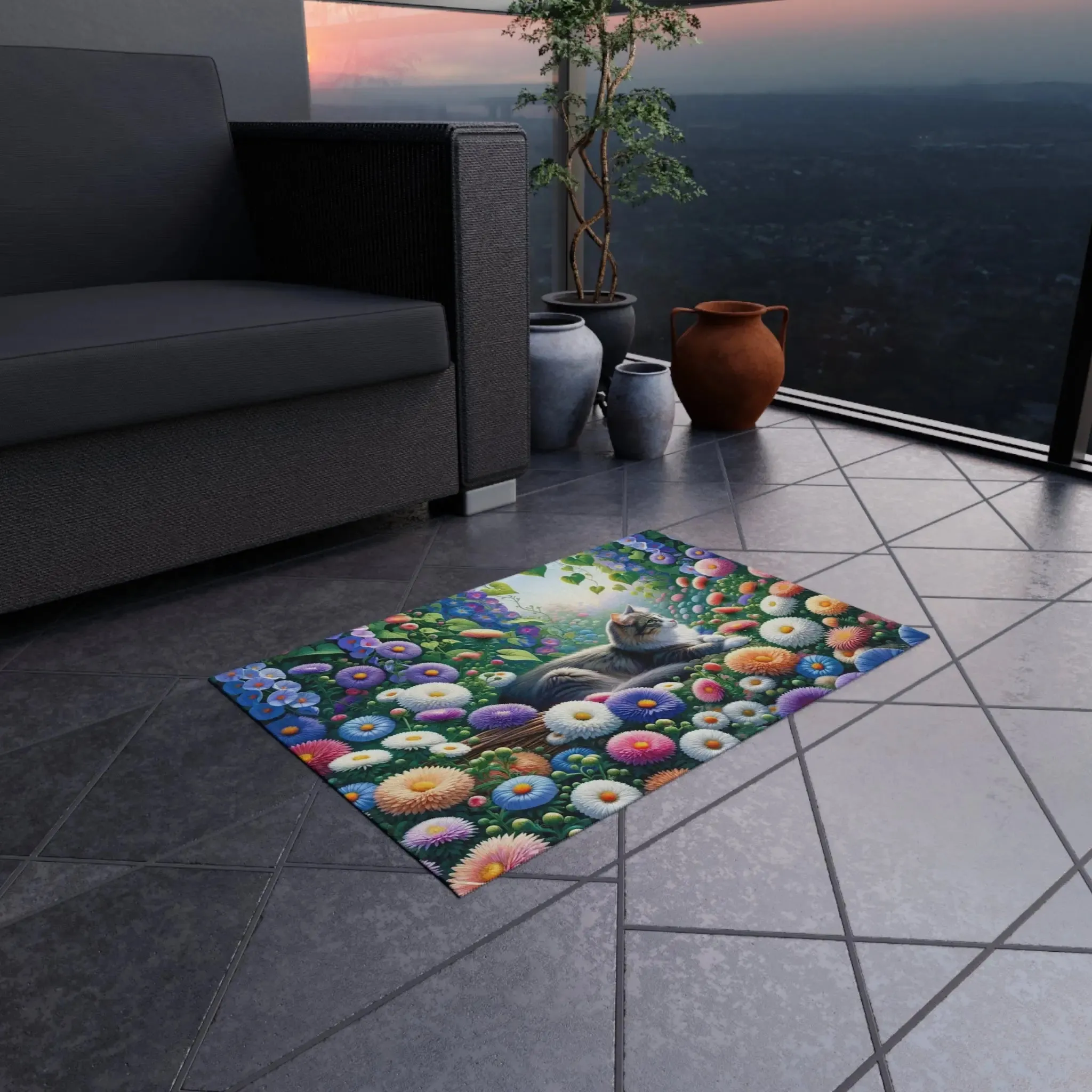 September Birth Flower - Aster and Morning Glory - Cat Lover - Indoor/Outdoor Rug