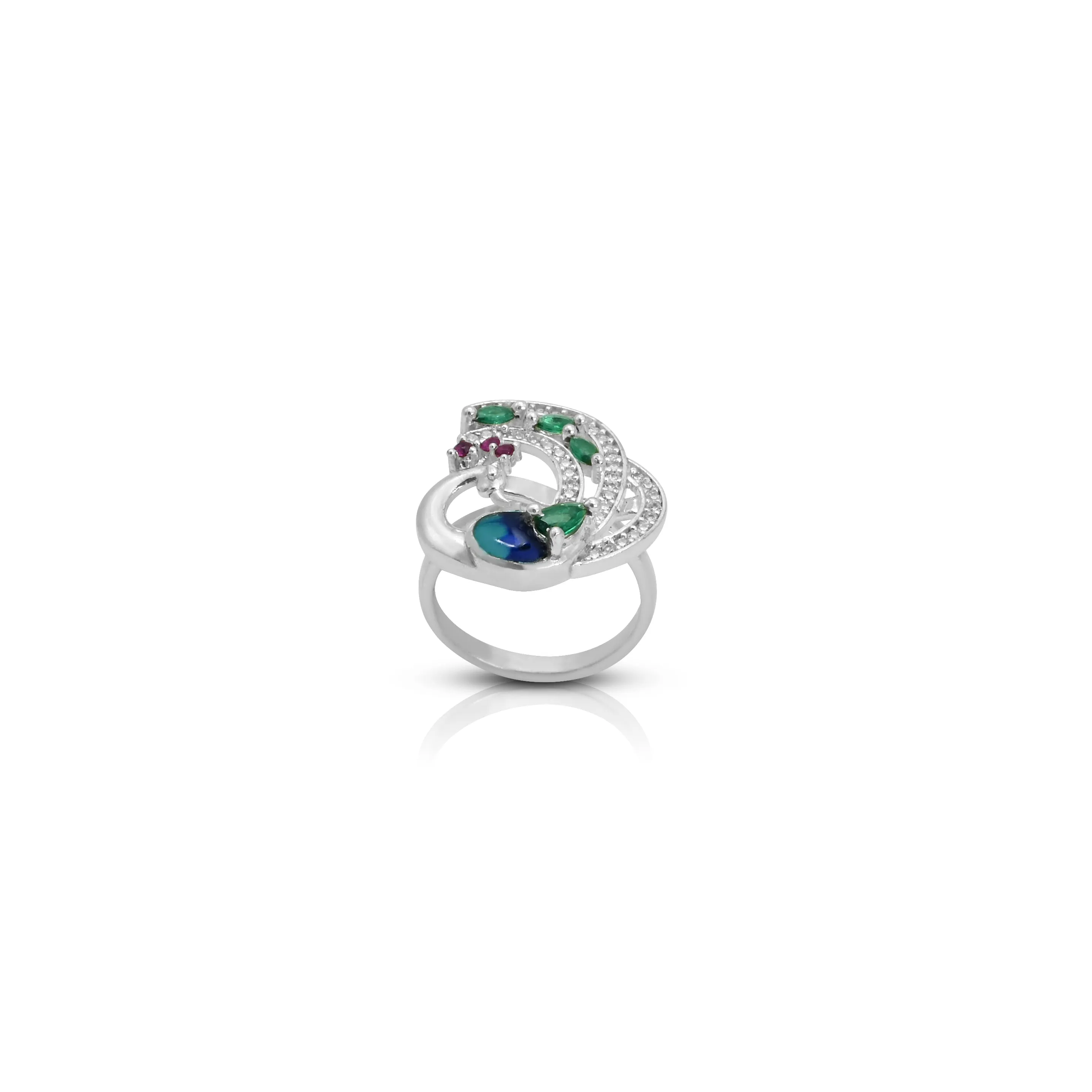 Silver Ring Featuring a Peacock Design with Pink and Light Green Stones.