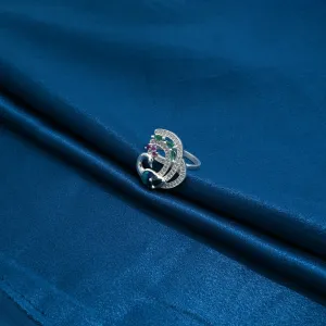 Silver Ring Featuring a Peacock Design with Pink and Light Green Stones.