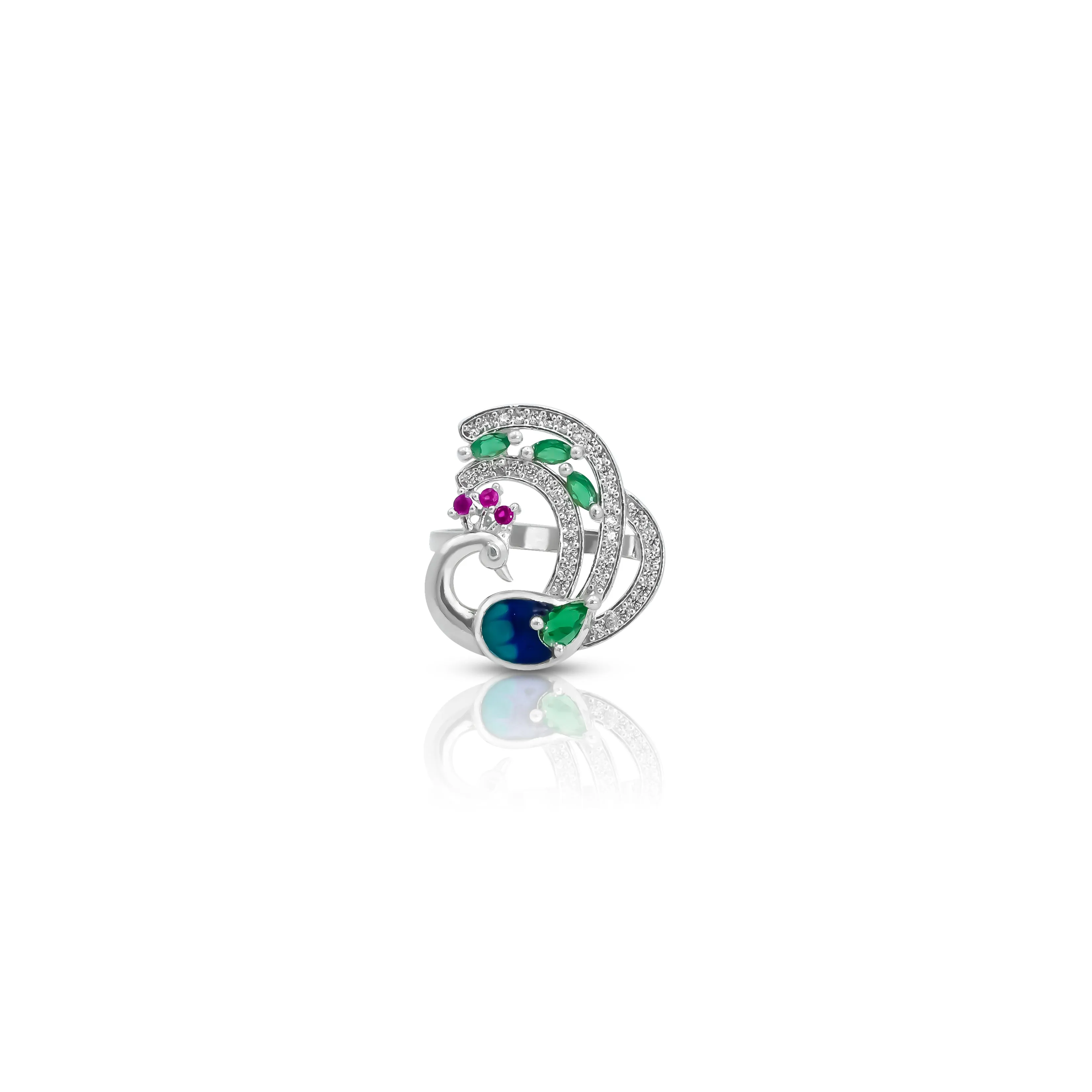 Silver Ring Featuring a Peacock Design with Pink and Light Green Stones.