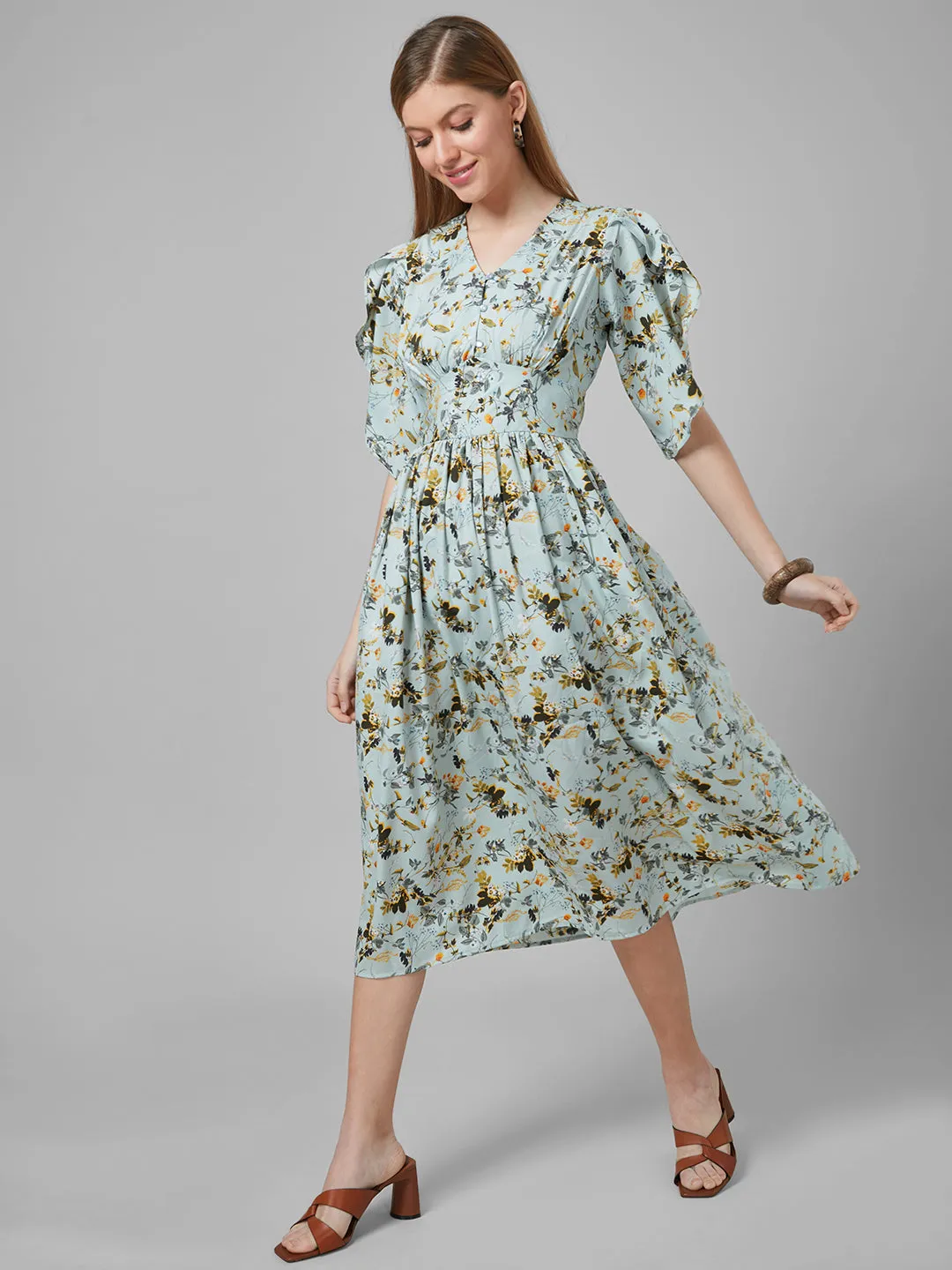 Style Quotient Women Mint Green Floral Polyester Fit and flare smart casual Midi Dress