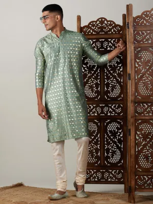 VASTRAMAY Men's Light Green Foil Printed Kurta With Cream Pyjama Set