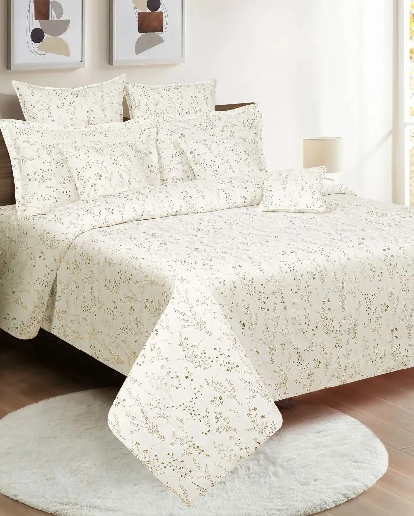 White and Neutral Floral Ananda Cotton One Bedsheet With Two Pillow Covers | 108 x 90 inches