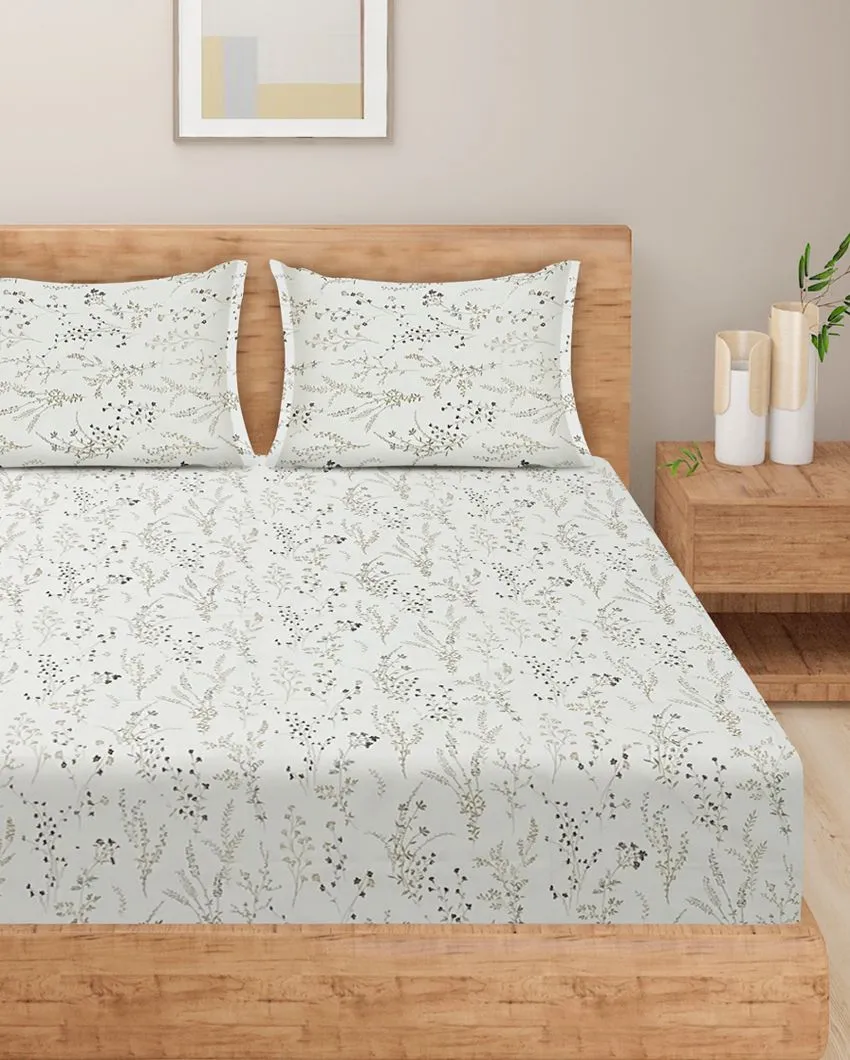 White and Neutral Floral Ananda Cotton One Bedsheet With Two Pillow Covers | 108 x 90 inches