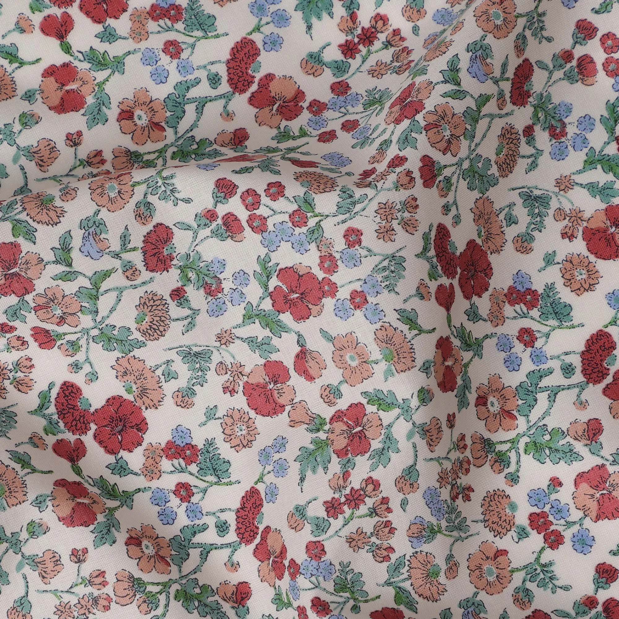 White and Red Floral Cotton Lawn Digital Print Fabric - 110 cm Width-D21232