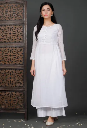 White Cotton Organza Side Gathered Embroidered Kurta