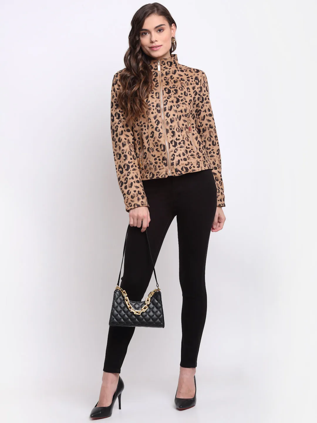 Women Brown Round Neck Printed Jacket