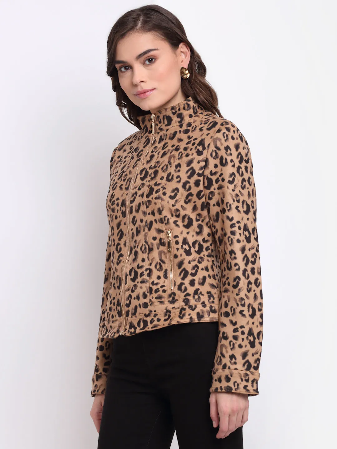 Women Brown Round Neck Printed Jacket