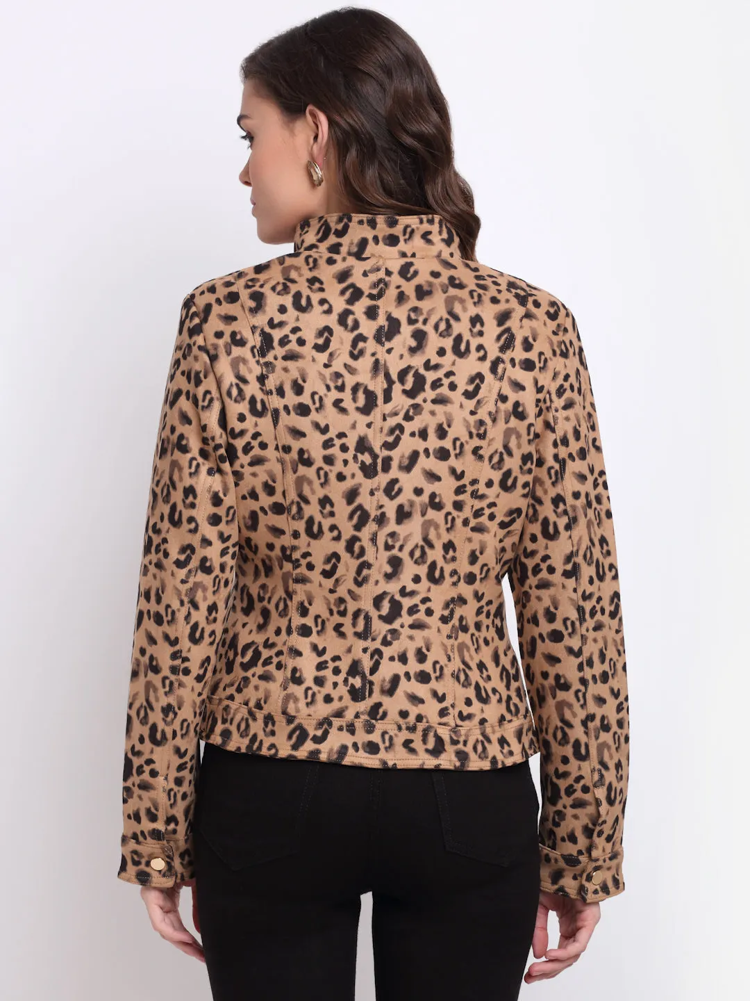 Women Brown Round Neck Printed Jacket
