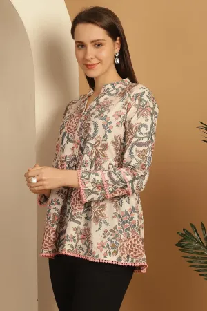 Women's Pure Cotton Floral Printed Short Top with Mandarin Neck