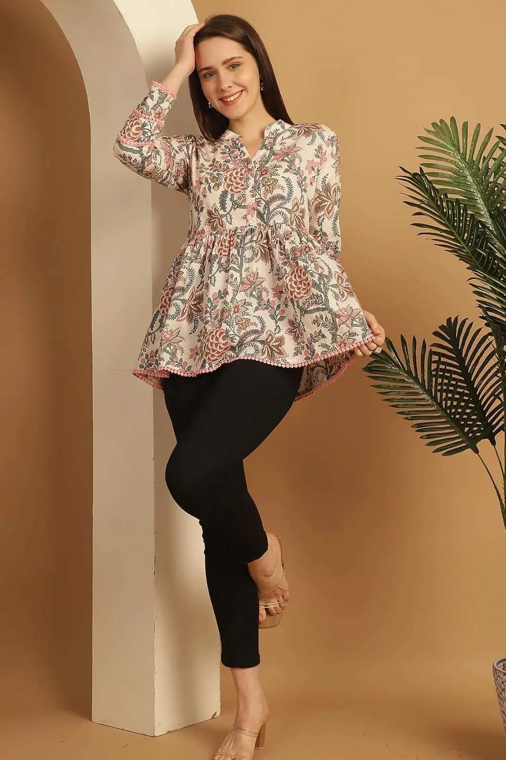 Women's Pure Cotton Floral Printed Short Top with Mandarin Neck