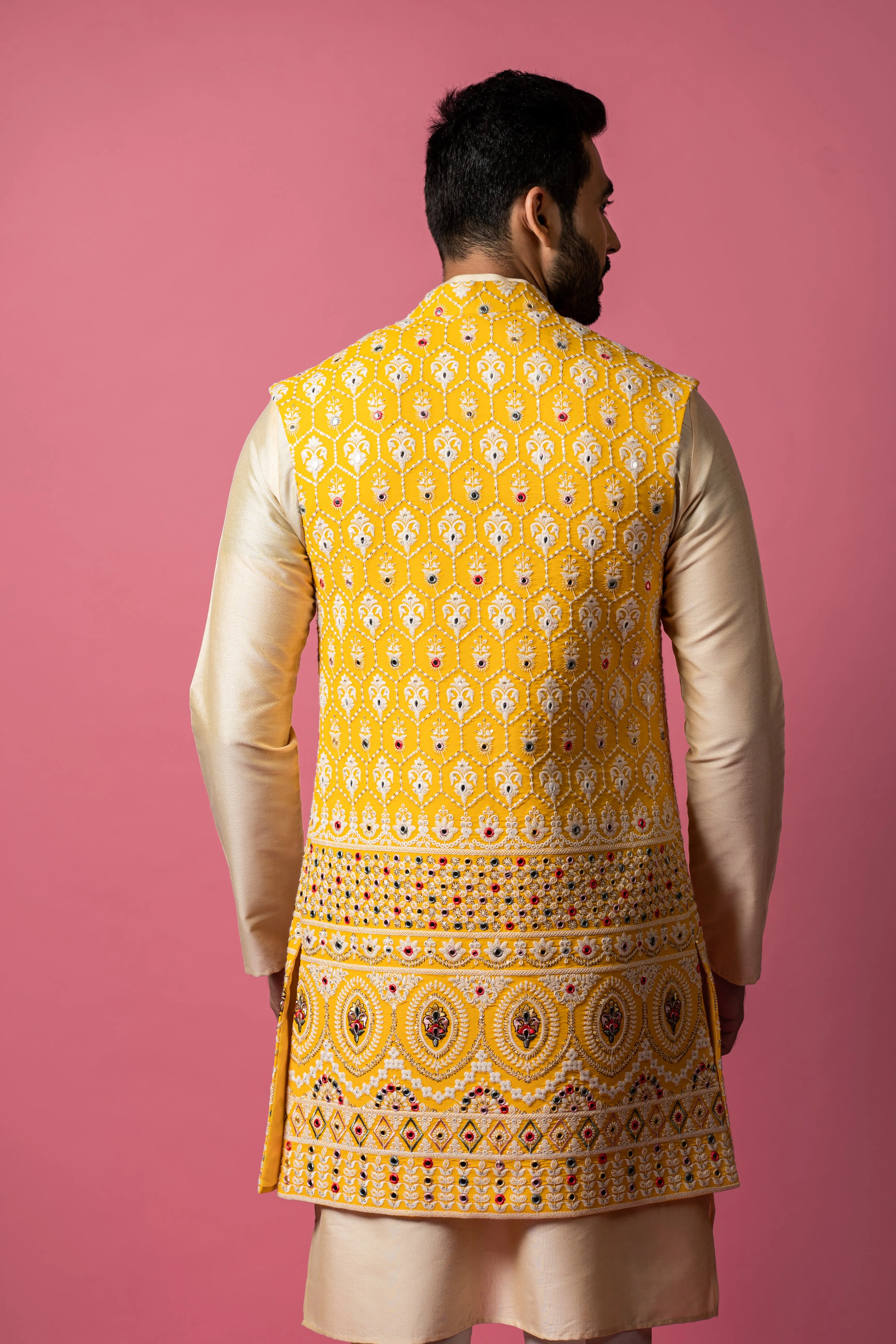 Yellow Long Jacket set in Lucknowi