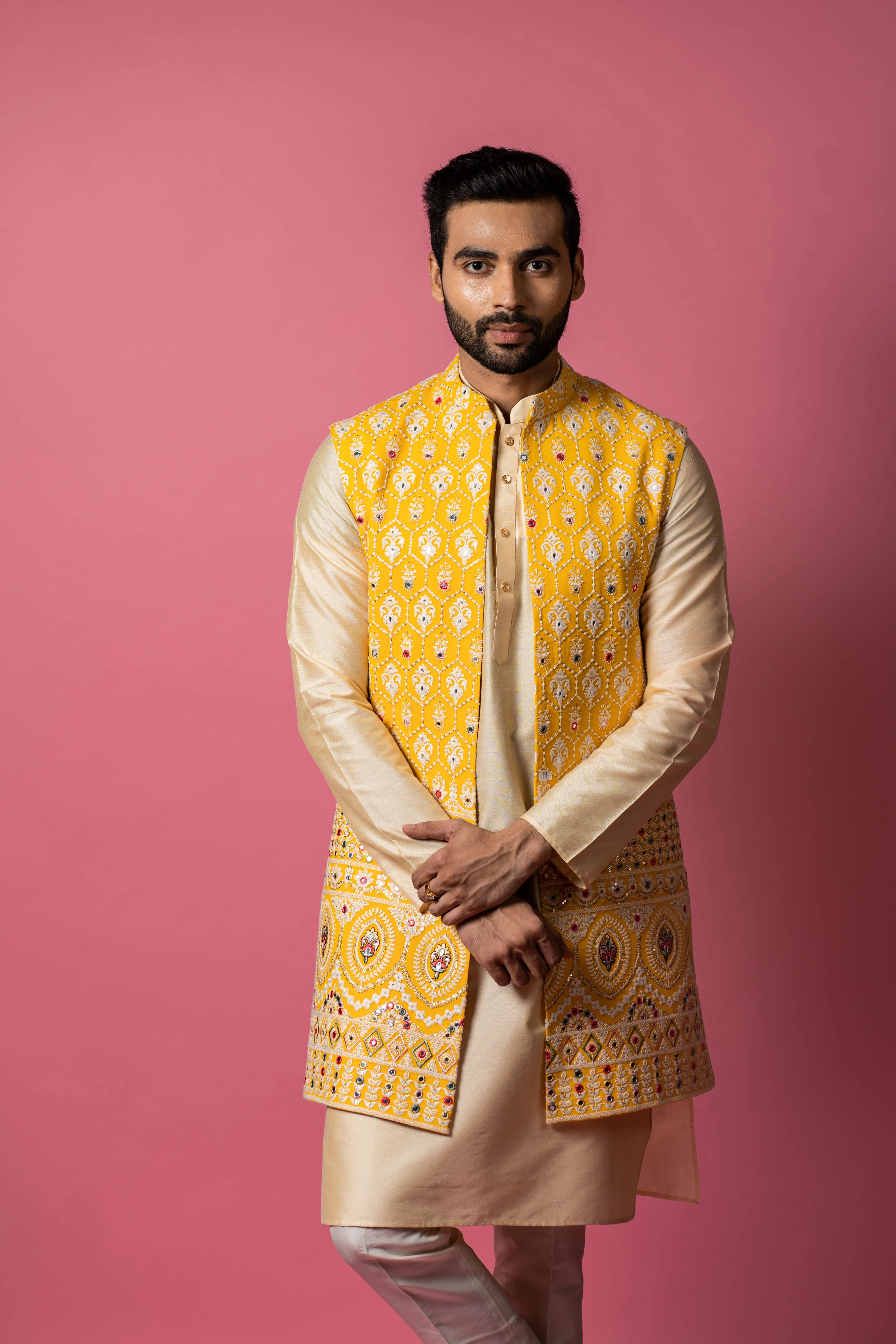 Yellow Long Jacket set in Lucknowi