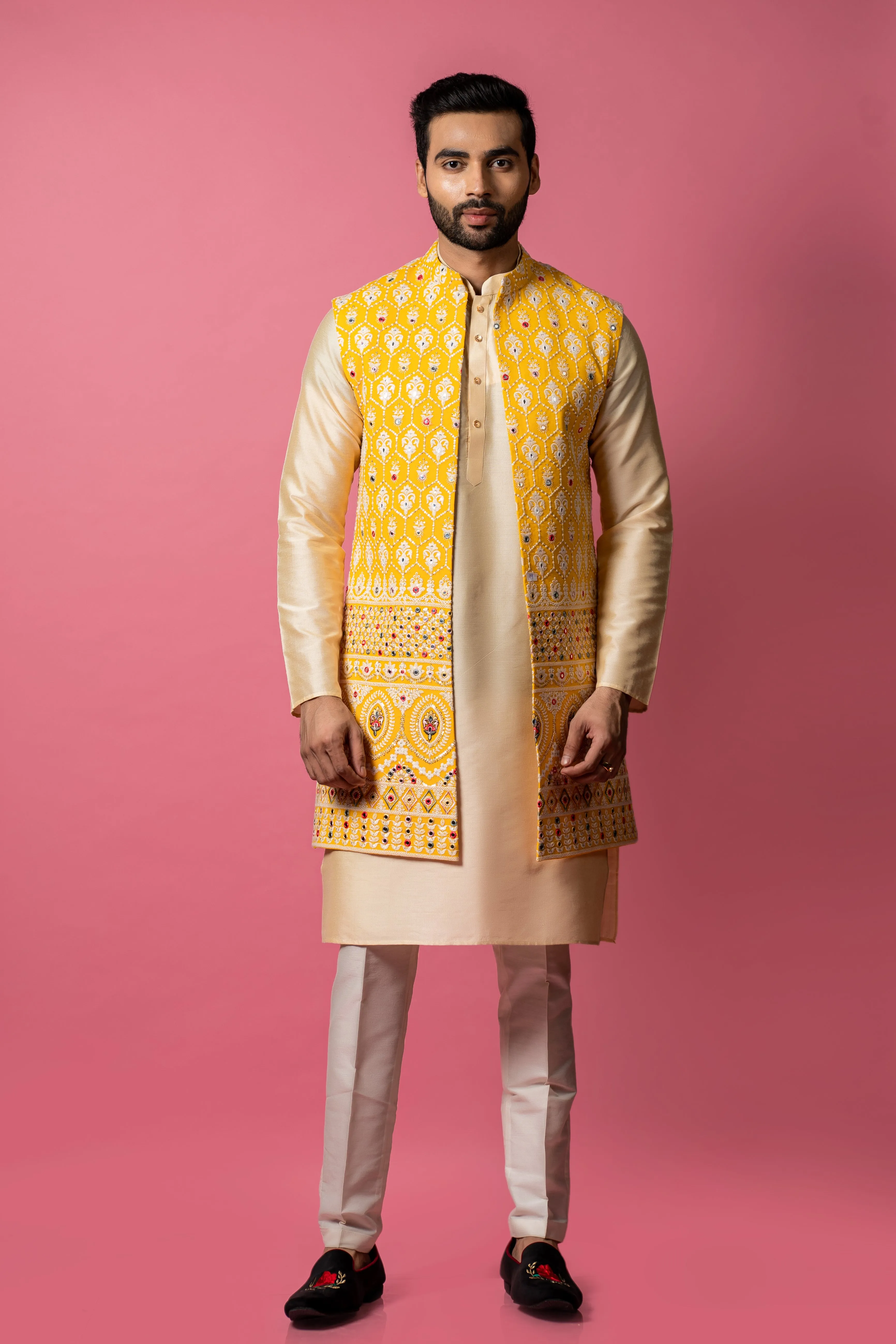 Yellow Long Jacket set in Lucknowi