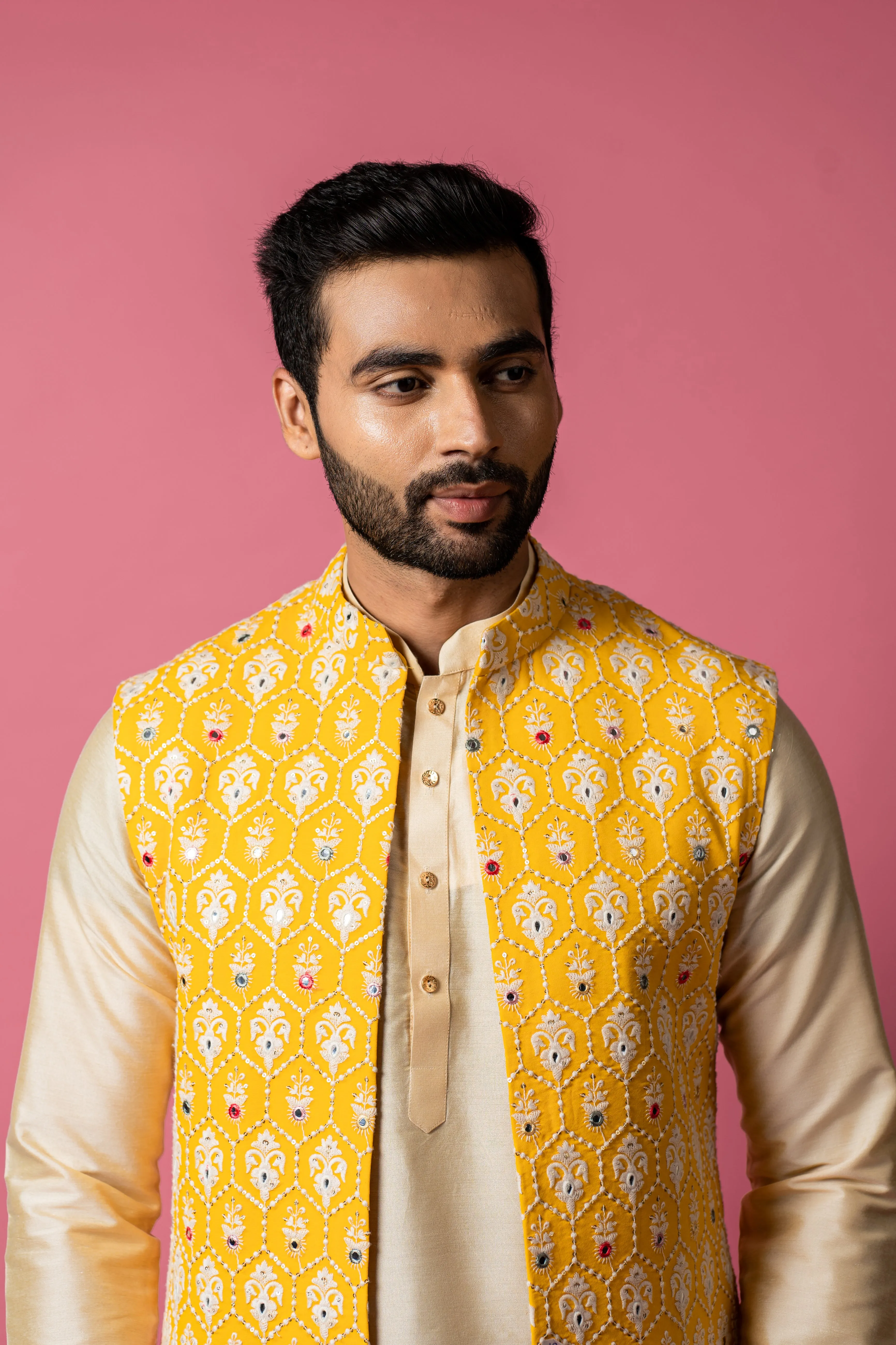 Yellow Long Jacket set in Lucknowi