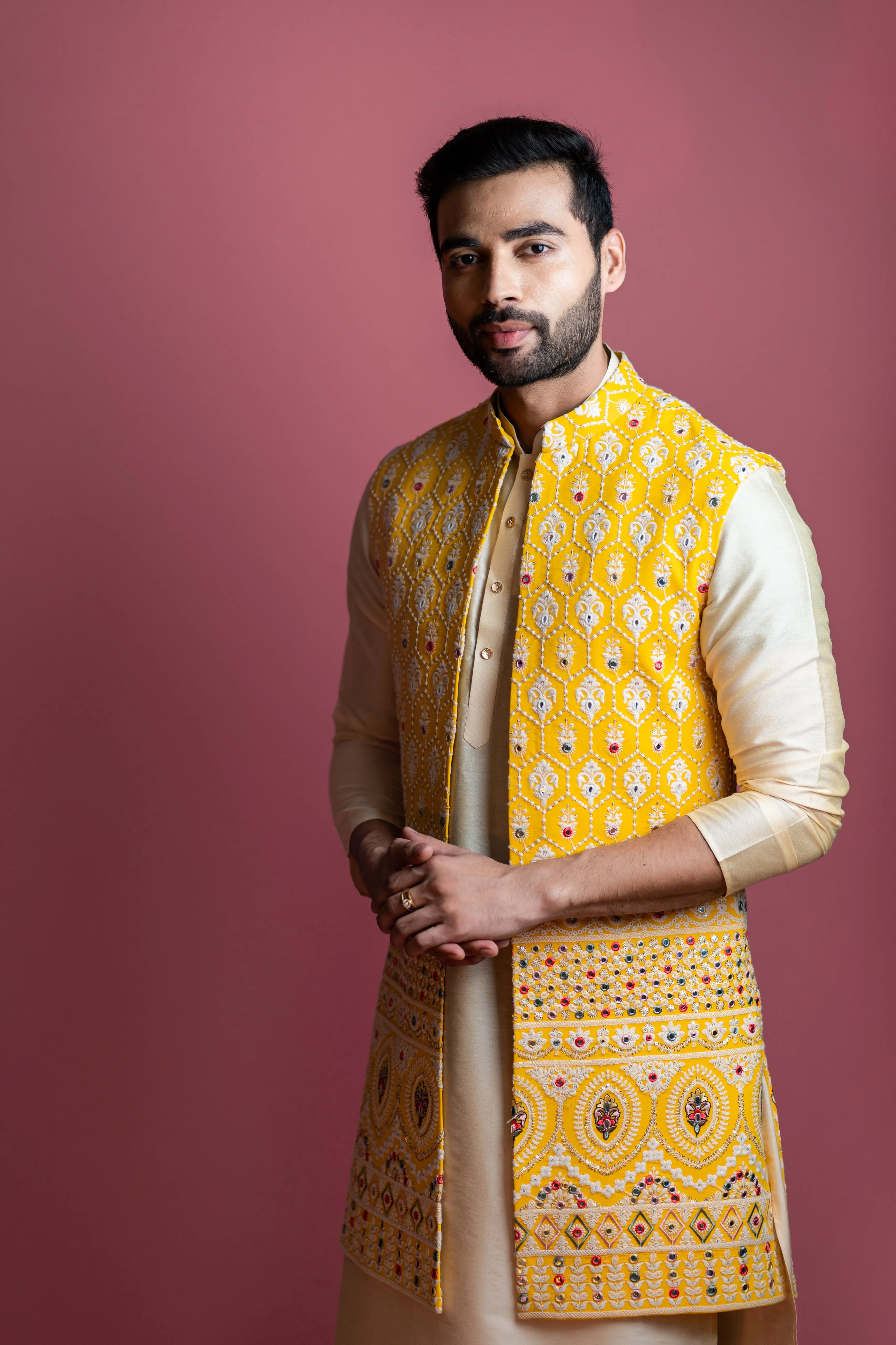 Yellow Long Jacket set in Lucknowi