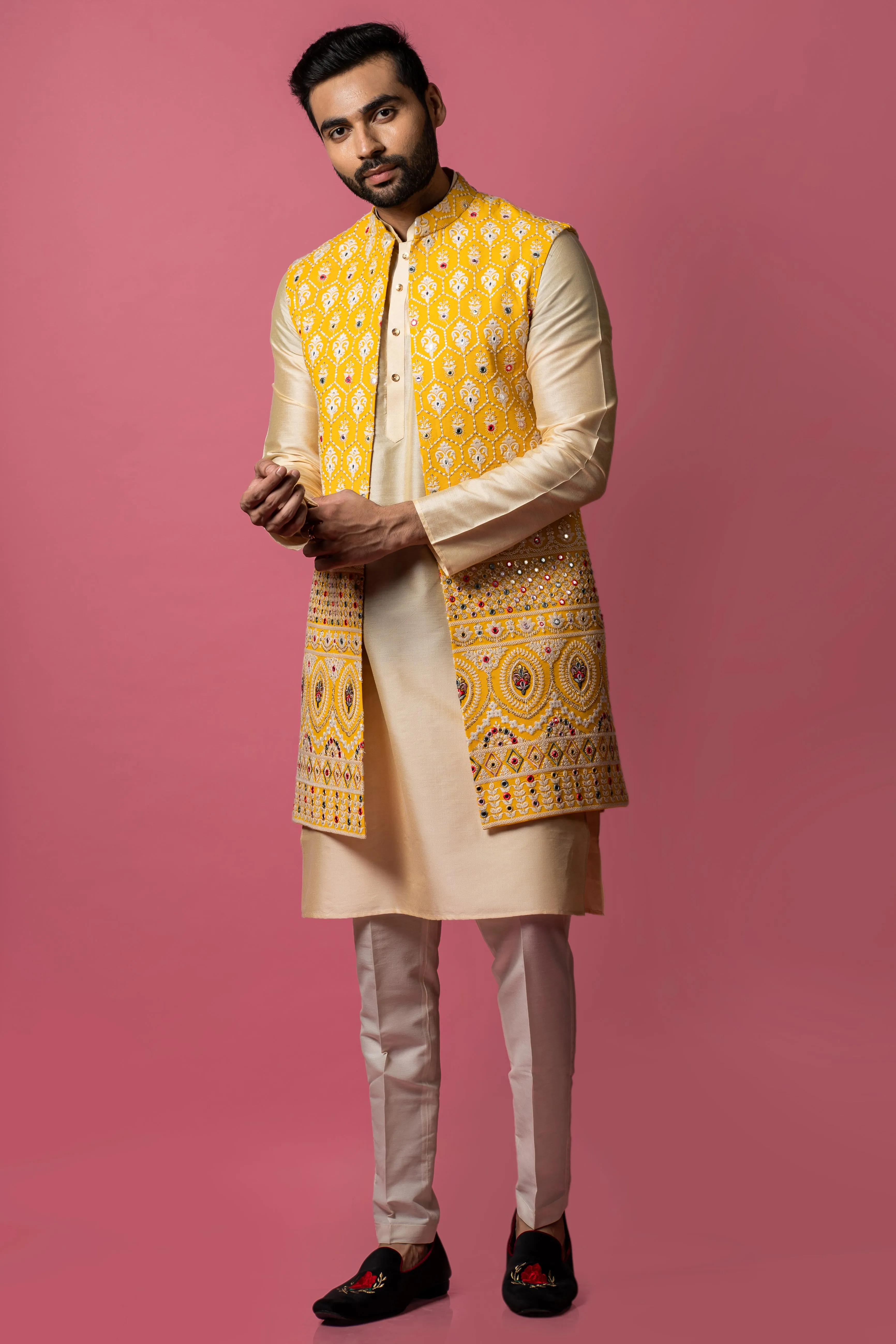 Yellow Long Jacket set in Lucknowi