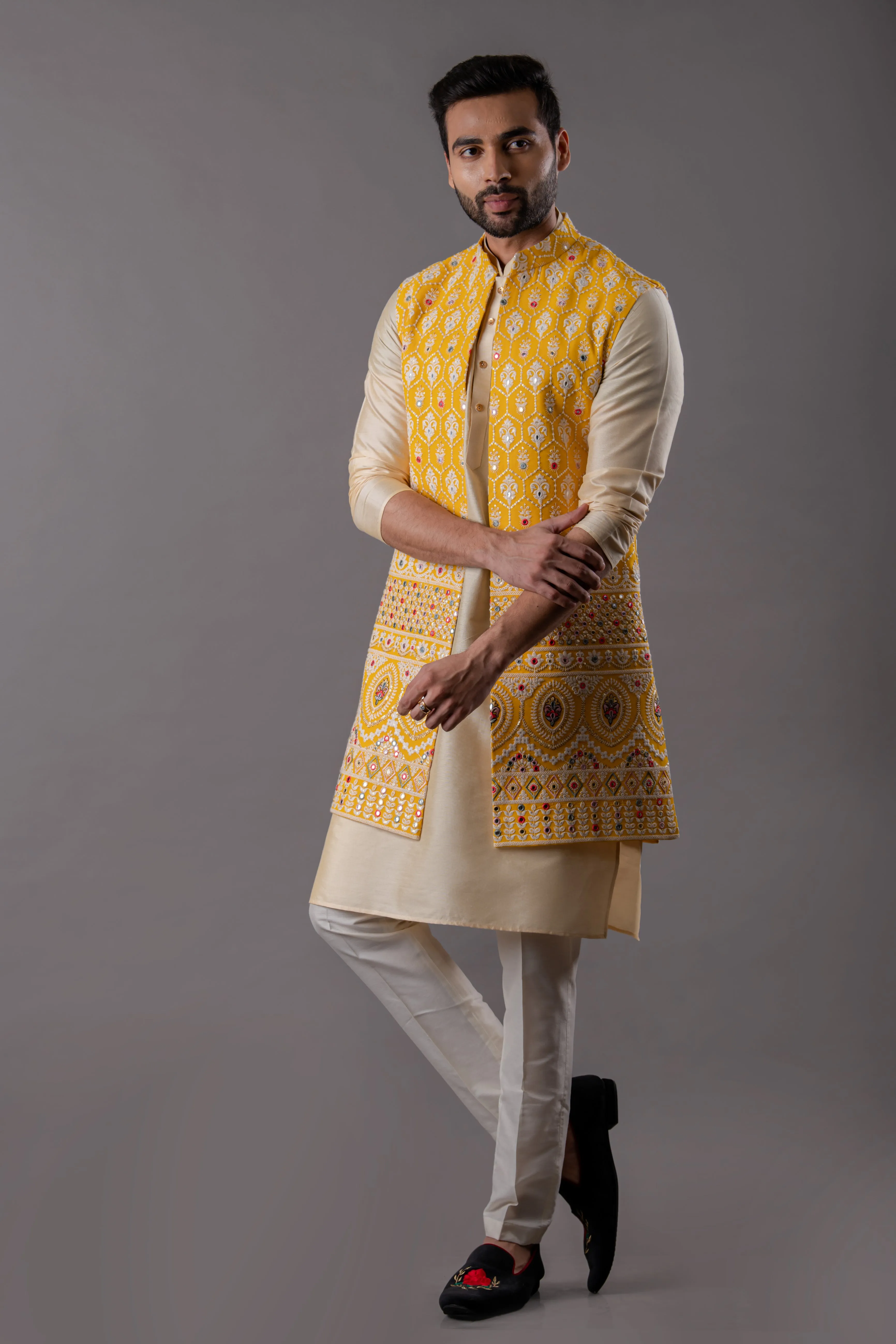 Yellow Long Jacket set in Lucknowi