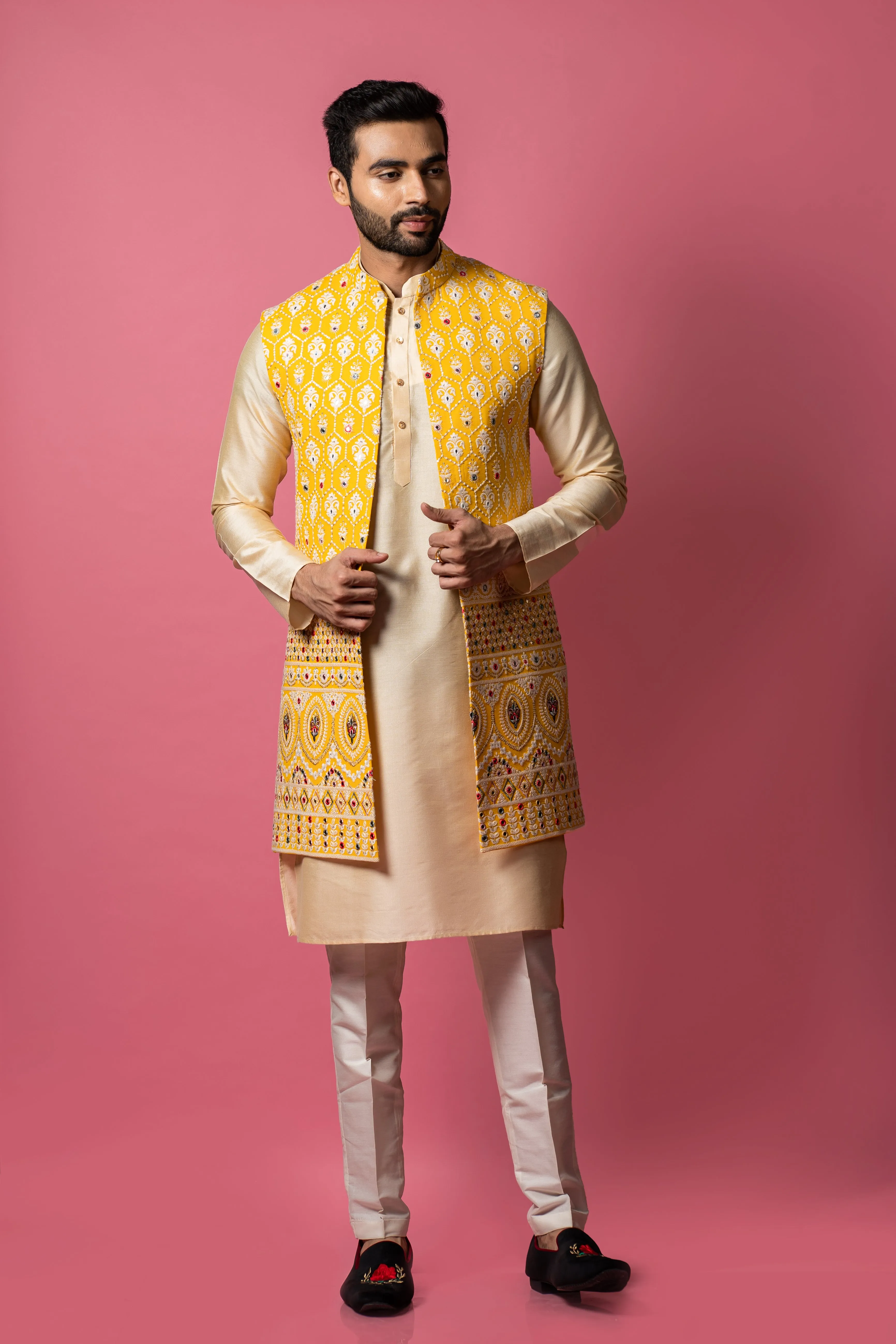 Yellow Long Jacket set in Lucknowi