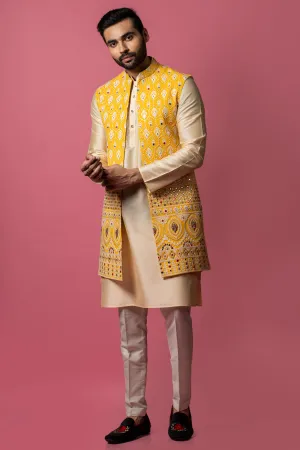 Yellow Long Jacket set in Lucknowi