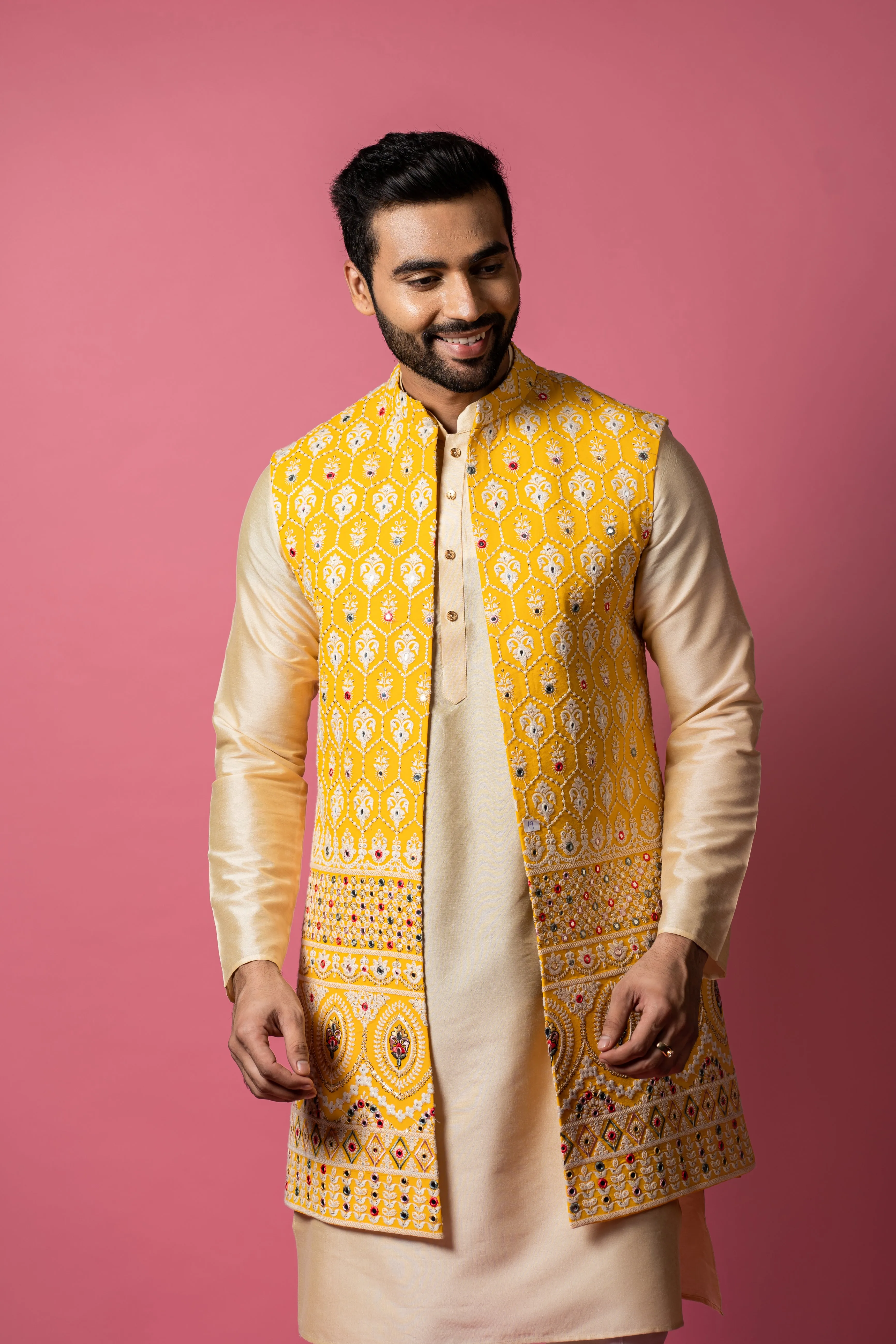 Yellow Long Jacket set in Lucknowi