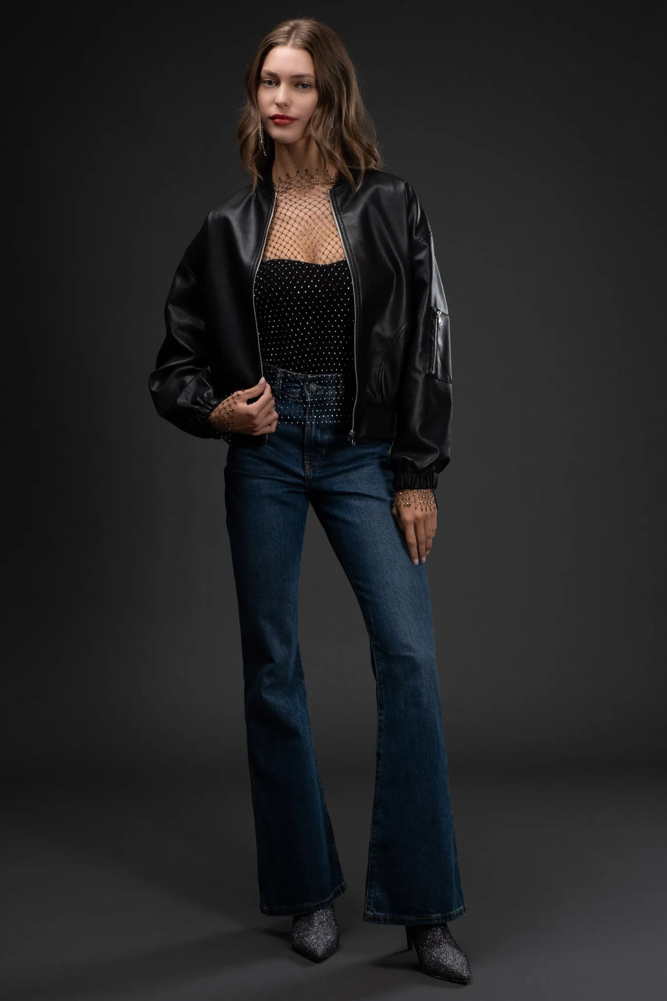 ZIP UP FAUX LEATHER BOMBER JACKET