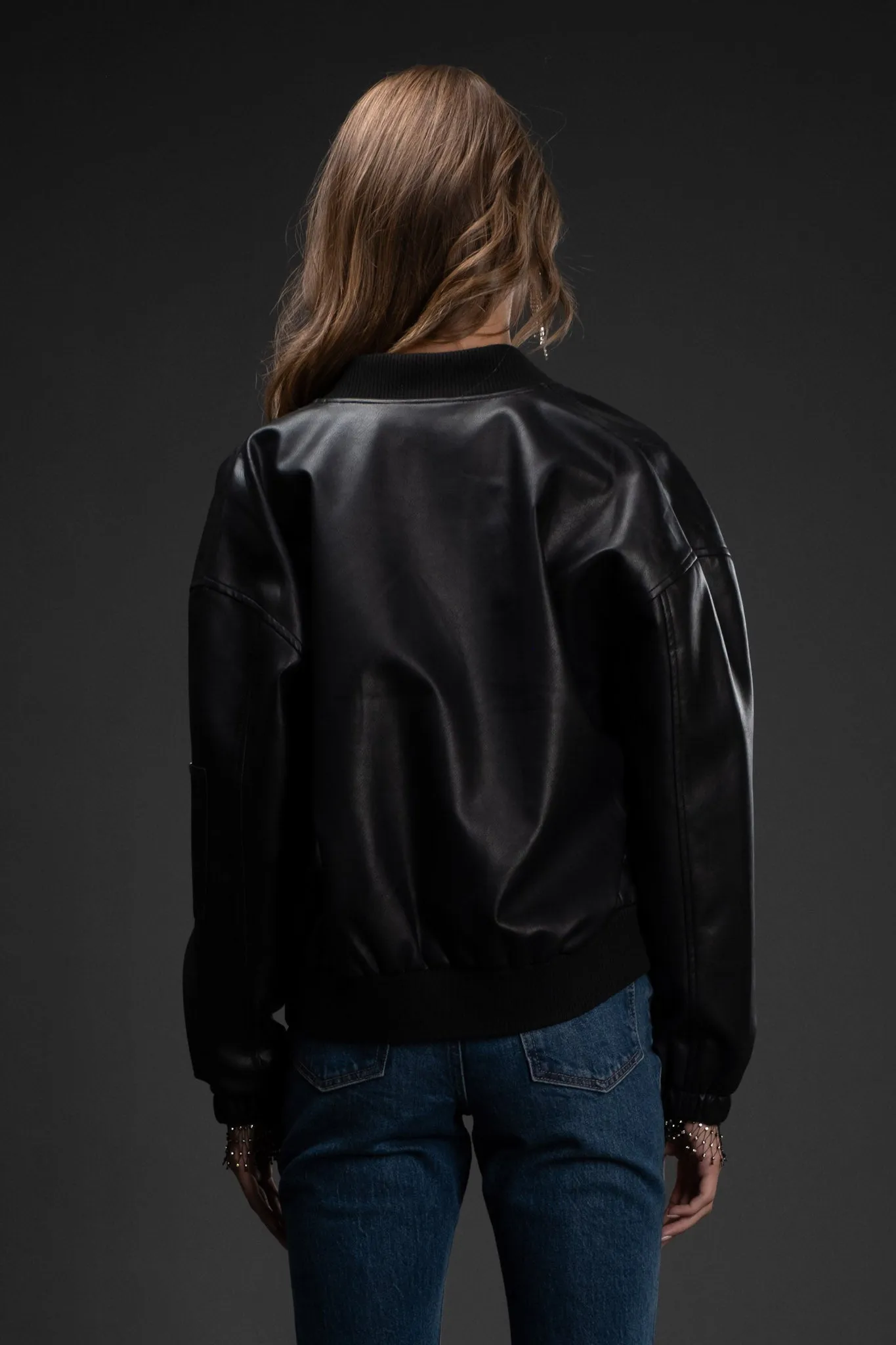 ZIP UP FAUX LEATHER BOMBER JACKET
