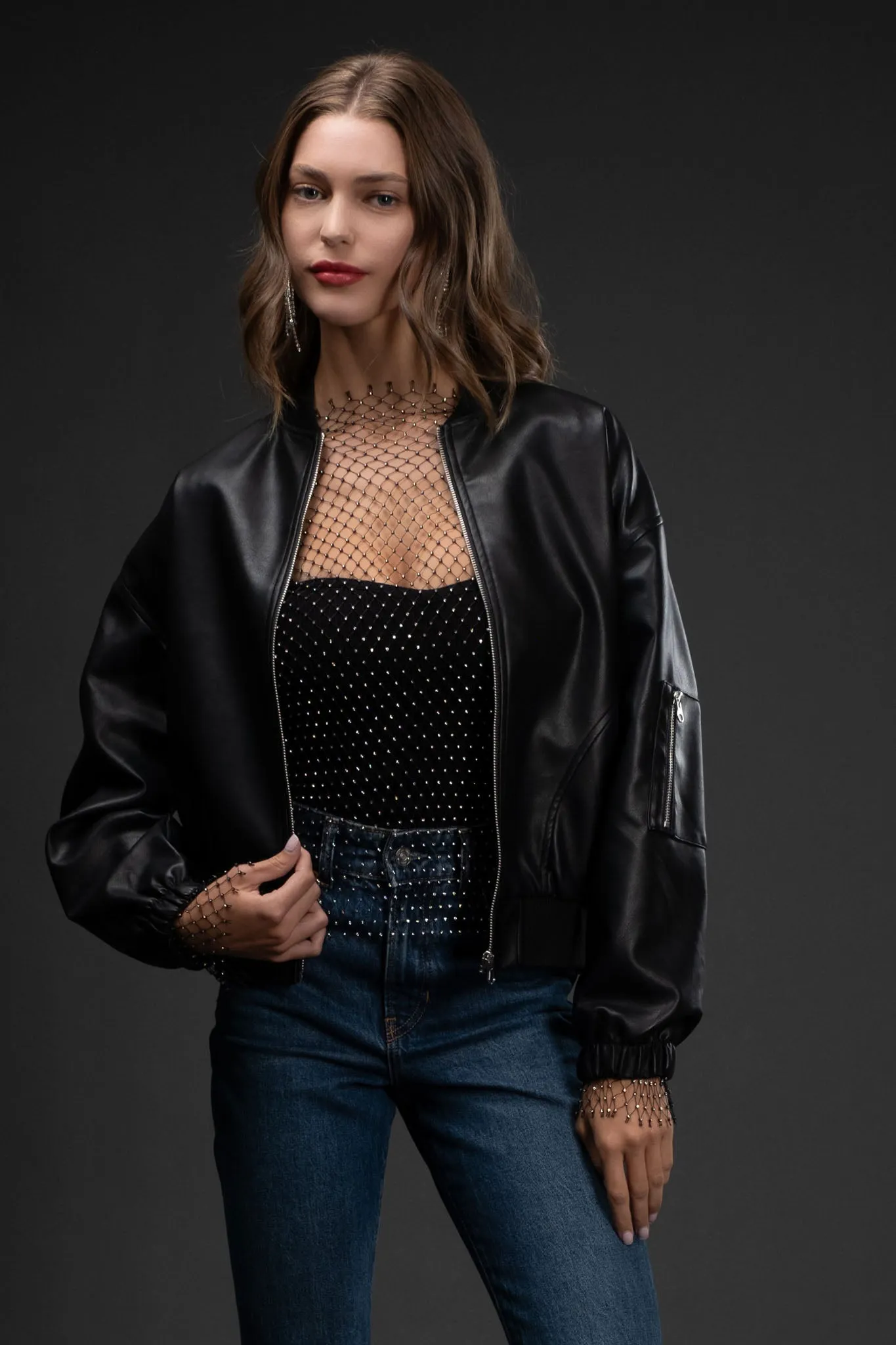 ZIP UP FAUX LEATHER BOMBER JACKET